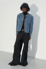 ASSEEN Washed Fringe Tweed Denim Jacket