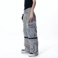 MOGONGSHE Detachable Bleach Washed Utility Cargo Jeans