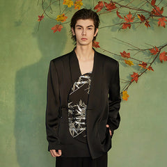JIECHI Silver Bamboo Embroidery Asymmetrical Placket Blazer