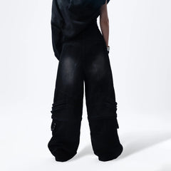 MOGONGSHE Detachable Drape-Strap Washed Jeans