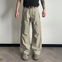 OKAYTHXBYE Washed Button Flap-Pocket Cargo Pants