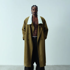 KADAKADA Double-Breasted Contrast Fuzzy Collar Overcoat