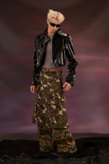 KADAKADA Dinosaur-Camo Embossed Multi-Pocket Skirt Pants