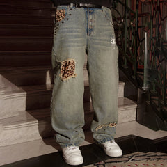 PHANTOMHUNTER Washed Leopard Patch Baggy Jeans