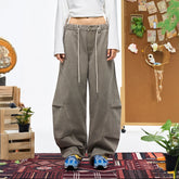OVERLAPS Washed Drawstring Barrel-Leg Utility Pants