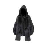 RELABEL Detachable Plush Scarf Hooded Suede Jacket Black