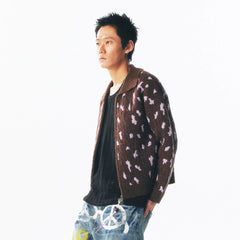 1997 POSTOFFICE Fuzzy Strawberry-Leopard Dual-Zip Knit Jacket