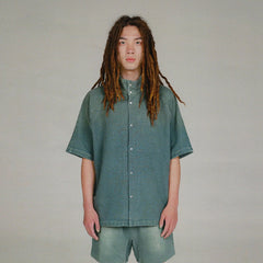 URBAN+FOREST Washed Waffle Stand Collar Half Shirt