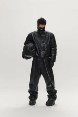 SAVAGEGROWTHWORLD Hook Buckle Faux Leather Puffer Jacket