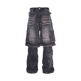 PCCVISION Washed Double-Layered Multi-Pockets Jeans