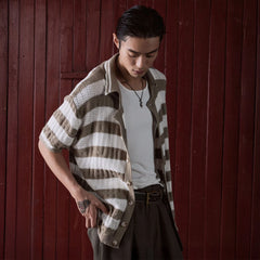 IN EXISTENCE Striped Openwork Jacquard Knitted Polo Cardigan
