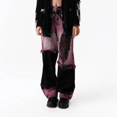 VANN VALRENCE Distressed Panelled Frayed Straight-Leg Jeans