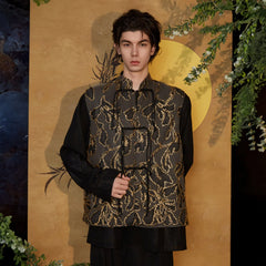 JIECHI Embroidered Metallic Jacquard Frog Button Shirt
