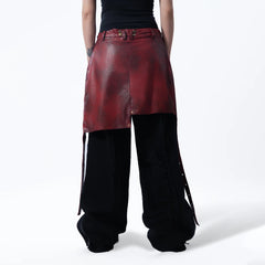 MOGONGSHE Detachable PU Drape Frayed Cross Jeans