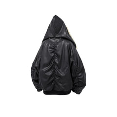 RELABEL Detachable Plush Scarf Ruched Hooded Jacket Black
