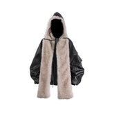 RELABEL Detachable Plush Scarf Ruched Hooded Jacket Black
