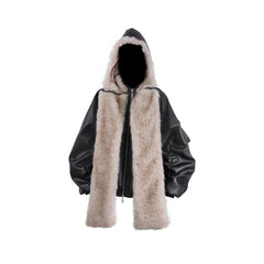 RELABEL Detachable Plush Scarf Ruched Hooded Jacket Black