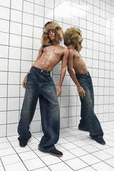 455EMBLE Washed PU-Pocket Baggy Jeans