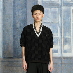 TUIMU Lace-Trim V-Neck Check T-Shirt