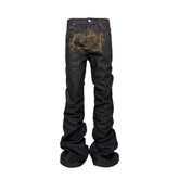 PCCVISION Baroque Embroidered Raw Denim Stacked Jeans