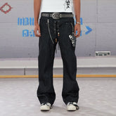 DND4DES Slanted Zipper Lace-Up Double-Waistband Raw Jeans