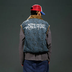 TRECLUB Faux-Fur Collar Leopard Quilted Vest