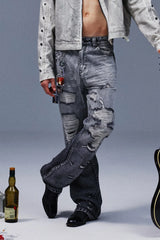TECNINEGROUP Distressed Ash-Washed Flared Jeans