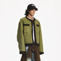 LEONSENSE Paneled Fleece Trim Paint-Splattered Jacket