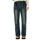 OVERLAPS Washed Knee-Seam Zippered Hem Jeans