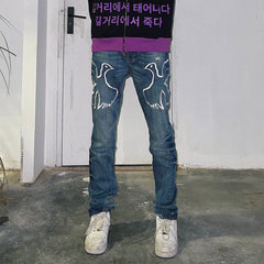 VINKID Dove Embroidered Distressed Stacked Jeans