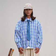 UNLIMITED MOTE Plaid Linen-Blend Half-Open Collar Shirt Blue