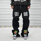 VINKID Street Kanji Graphic Panel Raw Jeans