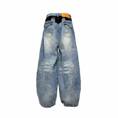 PCCVISION Lace Spliced Washed Wide-Leg Jeans