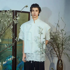 JIECHI Embroidered Bamboo Layered Mandarin Collar Half Shirt