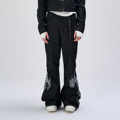 FLYERRER Abstract Graphic Flared Raw Jeans