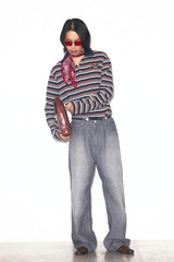 TRECLUB Washed Striped Straight-Leg Jeans