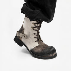 REWRITE Distressed Contrast Canvas-Leather Combat Boots