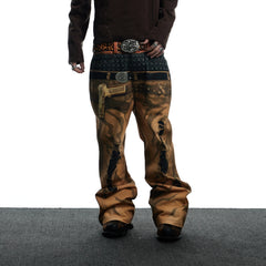 DND4DES Distressed Print Double-Waist Flare Jeans Khaki