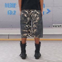 DND4DES Abstract Leopard Double-Waistband Denim Shorts