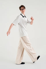 WIID Striped Contrast-Collar Tie-Neck Half Shirt