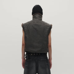 SAVAGEGROWTHWORLD Washed Faux Fur Lining Studded Vest