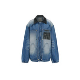VANN VALRENCE Washed Contrast Faux-Leather Collar Denim Jacket