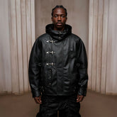 DND4DES Retro Buckle Faux Leather Hooded Jacket