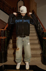 PHANTOMHUNTER Washed Leopard Patch Baggy Jeans