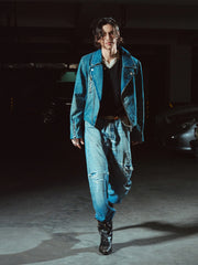RICHILL Washed Multi-Zip Short Denim Biker Jacket