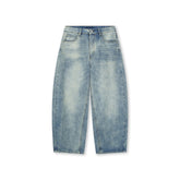 BONELESS Washed Ripped Hem Curved Baggy Jeans