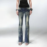 PCCVISION Washed Flap Pockets Slim Flared Jeans