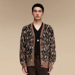 OPICLOTH Leopard Mohair V-Neck Cardigan