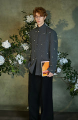 JIECHI Pearl Embellished Stripe Mandarin Shirt
