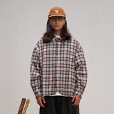 UNLIMITED MOTE Plaid Oversized Half-Open Collar Shirt Brown